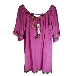 NWT Easel Pink Gauzy cover-up top blouse beachy embroidered tassels sz S NEW